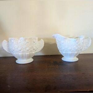 Vintage Fenton Daisy and Button Cut Milk Glass Creamer & Sugar Set White Floral
